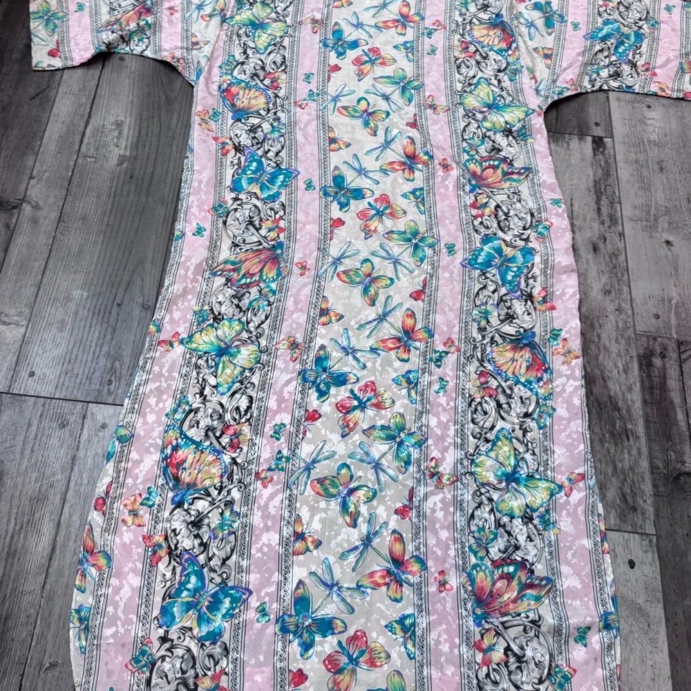 Vintage Ruth Norman Caftan Hostess Mandarin Collar Zip Lounge Dress Butterfly - Picture 6 of 9